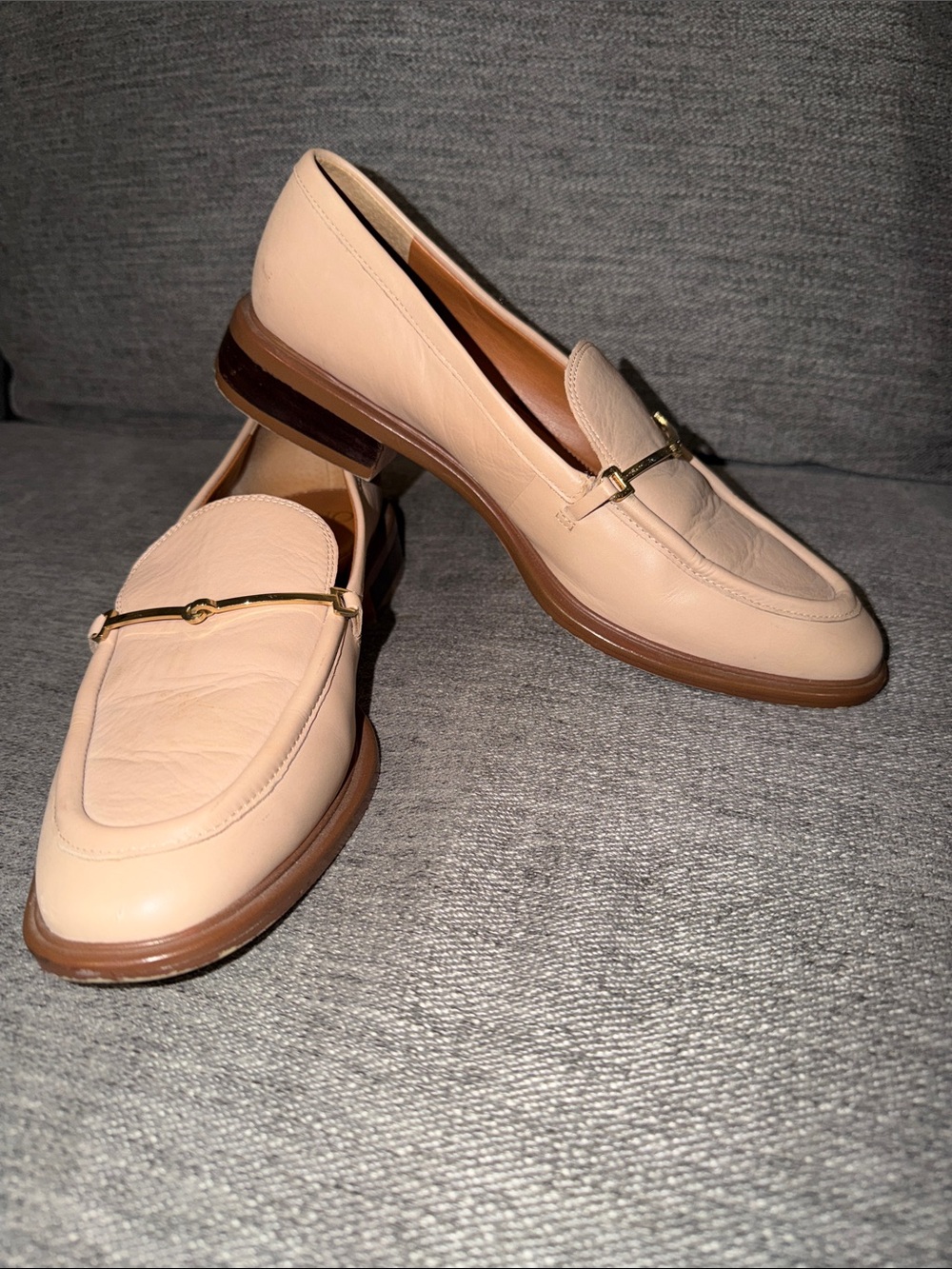 Franco Sarto Pale Pink Leather Loafers with Gold Bit